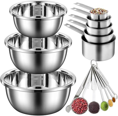 Mixing Bowls Set of 3, Measuring Cups and Measuring Spoons, Set of 12, 5 Cup Cups & 7 Dosing Spoons, Nesting Cups, Teaspoons and Tablespoons Made of 18/8 Stainless Steel for Baking Cooking (Silver)