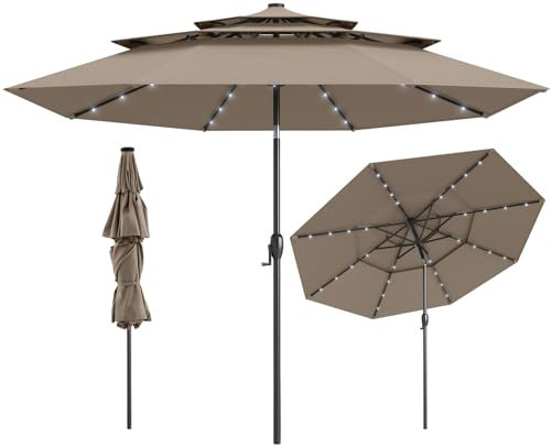 RELAX4LIFE Parasol Droit Inclinable 3M avec LED Solaire | Parasol de Jardin Extéieur 3M LED | Toit Ventilé à 3 Couches | Inclinaison 35° | Manivelle | 8 Baleines | Balcon Terrasse (Taupe)