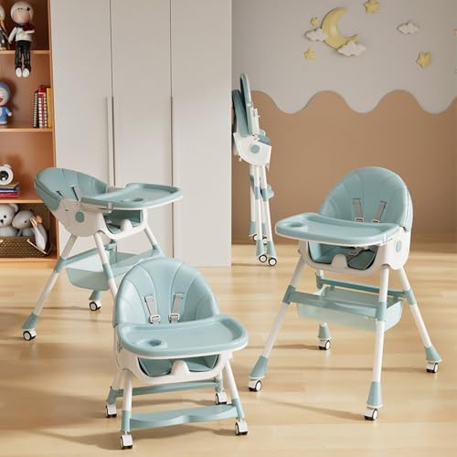 Hochstuhl Baby 6in1 Kinderhochstuhl mit Babyliege und Schaukelstuhl, Verstellbar Klappbar Hochstuhl mit Doppellagigem Essteller und Rollen, Korb, ab 6 Monate (6 in 1 Grün)