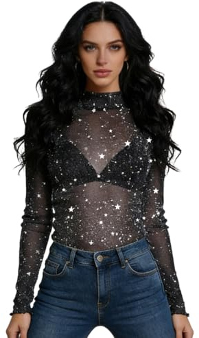 PASLFC Hochelastische Glitzer Oberteile Damen,Glitzerstück Mesh Oberteile Damen,Glitzer Top Weiblich,Transparentes Durchsichtige Tops Sexy,Netzoberteil Bluse Tüll,Glitzeroberteil Frauen mit Sterne