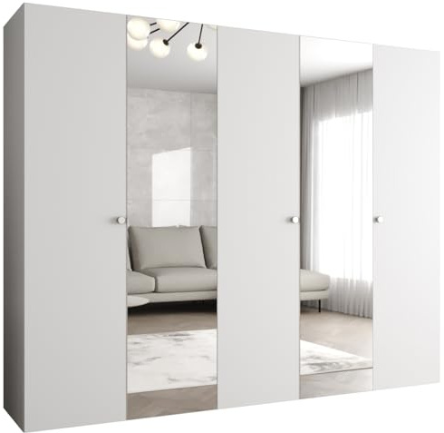 MEBLE KRYSPOL - Kleiderschrank - Garderobenschrank - 250 cm x 202 x 52 cm - Schrank mit Kleiderstange und Spiegel, 5 Türen - für Schlafzimmer, Flur - Parma, Weiß, Griff Silber