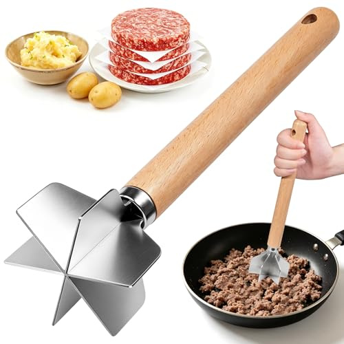 Mince Masher 304 Stainless Steel, Wooden Handle Ground Beef Meat Chopper with 6-Blade Head, Heat-Resistant Hamburger Meat Masher, Meat Shredder Potato Masher Tool for Kitchen Cooking Vegetable Puree