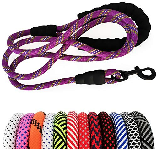 MayPaw Heavy Duty Rope Dog Lead, 3/4/5/6/7/8/10/12/15 FT Nylon Pet Training Leash, Soft Padded Handle Thick Lead for Large Medium Dogs (6 ft x 1/2, Purple)