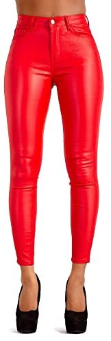 Glook Hochwertige Damenhosen, Glatte Damen Hose, Frauen Kunstlederhose, PU Lederhose Jean (XL, Rot)
