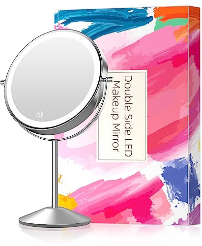 Wiederaufladbarer Kosmetikspiegel mit Beleuchtung, Doppelseitiger Schminkspiegel mit 1X/10X Vergrößerung, 3 Farben Beleuchtung, 360°Drehung Touch Dimmbarer Makeup Spiegel für Gesichtspflege Rasieren