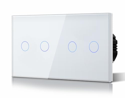 BSEED Interrupteur Tactile Double 2 Gang 1 Voie Commutateur d'éclairage Mural Compatible avec la lumière LED Écran Tactile en Verre Plaque de Cristal Trempé avec Rétroéclairage Bouton 157 * 86mm Blanc