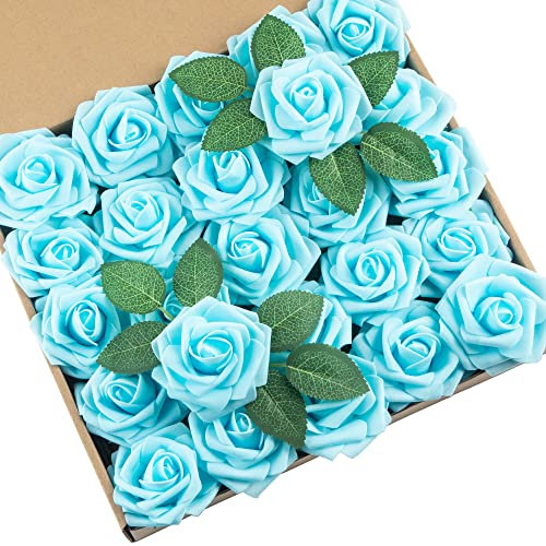 DuHouse 25 rose artificiali con steli fiori di rosa in schiuma per bouquet di nozze fai da te baby shower centrotavola decorazione casa