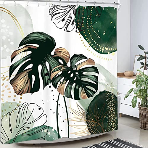 Rideau de Douche 120 x 200 Rideaux Douche Plante Rideau Salle de Bain Lavable Anti Moisissure Feuilles Rideau Douche Vert Imprimé DéCoratif Tissu Polyester avec Crochets
