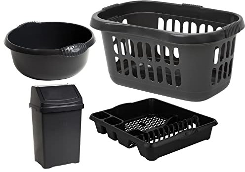 Set of 𝐌𝐢𝐝𝐧𝐢𝐠𝐡𝐭 𝐁𝐥𝐚𝐜𝐤 60L Hipster Laundry Basket + 28 cm Round Washing Up Bowl + Large Dish Drainer + 8L Swing Bin Plastic Kitchen Set for Home/kitchen Accessories.