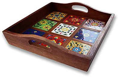 Craft Trade Mango Wood Serving Tray with Handle and 9 Fitted Floral Ceramic Tiles Wooden Platters Perfect for Breakfast Tea Coffee Snacks Dinner 30x30x8 cm