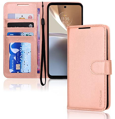 TECHGEAR Moto G32 Leather Wallet Case, Flip Protective Case Cover with Wallet Card Holder, Stand & Wrist Strap, Rose Gold PU Leather with Magnetic Clasp For Motorola Moto G32