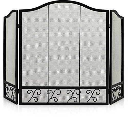 TANGZON 3 Panel Foldable Fire Screen, Metal Spark Fire Guard with Leaves Pattern, Indoor Outdoor Freestanding Safety Fireplace Fence for Coal Firing, Stoves and Grills (Grass Pattern, 127 x 78cm)