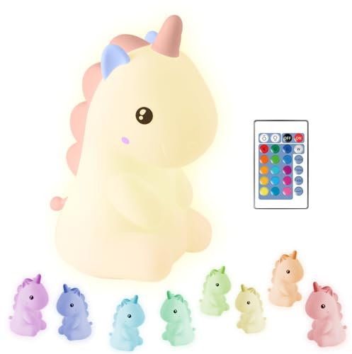 Einhorn-Lampe - Nachtlicht für Kinder - Kinderzimmer - Wiederaufladbar USB-C mit Fernbedienung - Mehrfarbig und warmes Licht - Weiche Silcone - Timer Regenbogenlichter