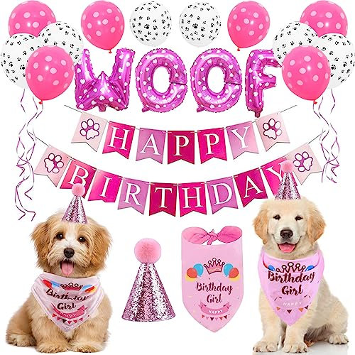 Hund Geburtstagsfeier Dekoration mit Hundehalstuch, Hund Geburtstag Bandana Hut Banner Set, WOOF Luftballons Alles Gute zum Geburtstag Banner Paw Print Luftballons für Haustier Dekorationen (rosa)