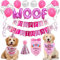 Hund Geburtstagsfeier Dekoration mit Hundehalstuch, Hund Geburtstag Bandana Hut Banner Set, WOOF Luftballons Alles Gute zum Geburtstag Banner Paw Print Luftballons für Haustier Dekorationen (rosa)