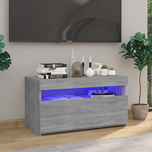 Homvdxl LED TV Stand Cabinet, 75cm Small TV Unit Under TV Cabinet with Pull-Down Door & RGB LED Lights, Adjustable Color & Mode, LED TV Console for Living Room Bedroom, Grey Oak