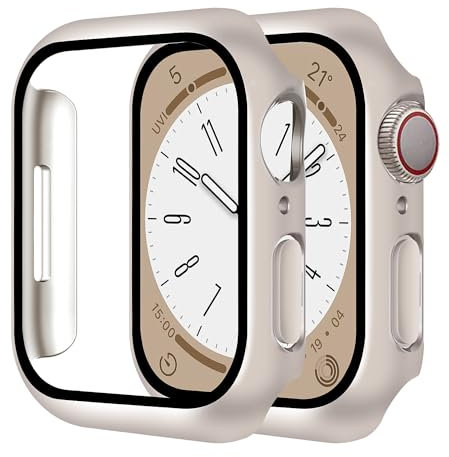 Uluck 2 Stück Hard Hülle mit Glas Displayschutz Kompatibel Apple Watch Series 9/8/7 41mm, Displayschutz Rundum Schutzhülle Schutzhülle Ultradünnes Schutz Case, Sternenlicht