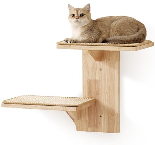 FUKUMARU Kletterwand Katze, 2 Plattform-Katzen-Wandmöbel aus Massives Gummiholz,40,6 cm Wandmontiertes Katzen mit Sisalmatte, Wandregale zum Klettern, Spielen, Kratzen