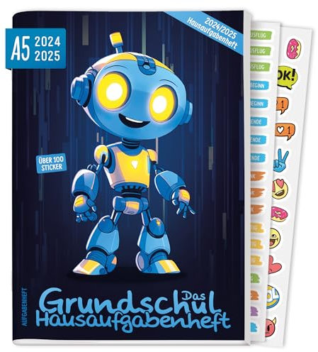 Lernfreunde Hausaufgabenheft Grundschule 2024/2025 A5 Roboter Grundschul-Hausaufgabenheft inkl. Lerntipps, Denkspiele & Sticker - nachhaltig & klimafreundlich