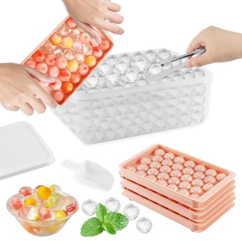 huahuo Ice Cube Tray with Lid and Storage, Mini Round Ice Cube Moulds 3 Pink Silicone 99 Ice Ball Mould with 1 Ice Bucket & Scoop & Tong, Easy Release for Chilling Cocktail Whiskey Tea Coffee