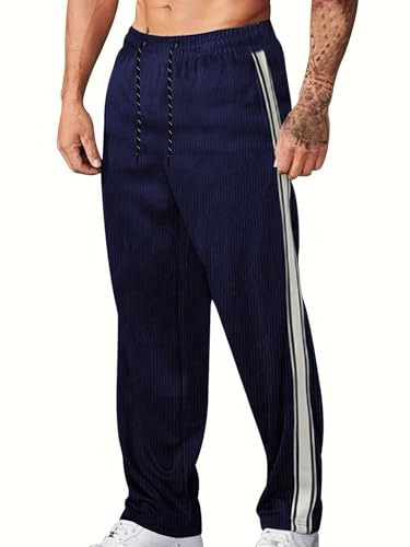 MakingDa, pantaloni da jogging da uomo in corduroy, aderenti, stile casual, classici, con coulisse, elasticizzati in vita, con striscia laterale, per corsa, golf, palestra, sport, blu navy, M