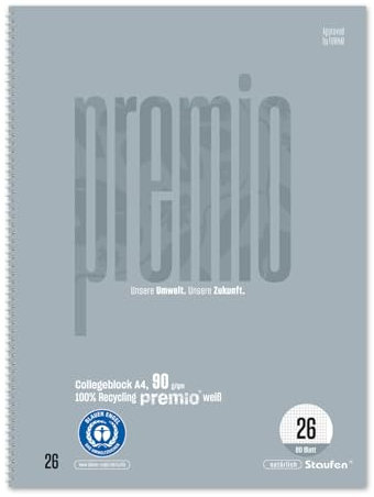 Staufen premio Collegeblock - 5 Stück, 80 Blatt, DIN A4, Lineatur 26 (5 mm kariert mit Rand), 4-fach Lochung, 90 g/m² Recyclingpapier