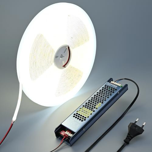BENLUN 24V IC COB LED Streifen 20M, LED Strip 6000K Kaltweiss Selbstklebend, LED Band 8W/M CRI 90+ mit Netzteil für Zimmer Dekoration, Akustikpaneele Beleuchtung, Küchenbeleuchtung