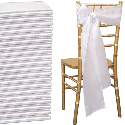 QeeFop 50 Stück Satin Schärpe Hochzeit Stuhl Bogen, Elastische Stuhlschärpen Stuhl Schärpen für Hochzeitsdekoration Geburtstag Bankett Party Stuhl Dekoration (Weiß)
