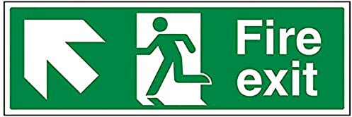 VSafety Fire Exit Arrow Up Left Sign - Landscape - 450mm x 150mm - 1mm Rigid Plastic