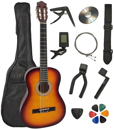 Pack Guitare Classique 4/4 (Adulte) + 6 Accessoires + Cour Vidéo et CD (Sunburst)