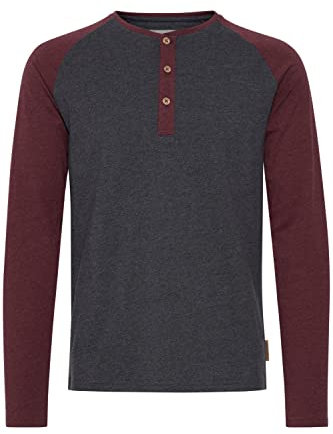 Indicode Winston Herren Longsleeve mit Grandad- Ausschnitt aus hochwertiger Baumwollmischung in Melange-Optik, Größe:XL, Farbe:Charcoal - Wine (9993)