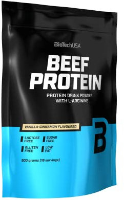 BioTechUSA Beef Protein, Formule à base de peptides de protéines hydrolysées à 87%, sans lactose ni gluten, pauvre en graisses, sans sucre, adaptée au régime paléo, 500 g, Vanille-Cannelle