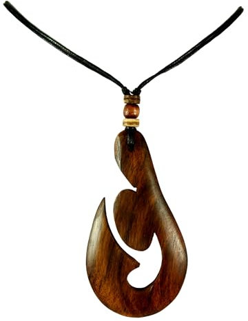 Swimmi Spiral Natural Sono Wood Necklace, Hand Carved Fish Hook Wooden Necklace, Handmade Beads Cords Māori Koru Peace Pendant Wooden Necklaces for Women Men Jewelry, Sono Wood