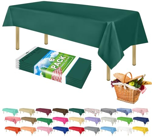 ZIMPLEWARE Dark Green Standard Disposable Plastic Party Tablecloth [6-Pack] 54 x 108” Rectangle Table Cover For Indoor & Outdoor Use
