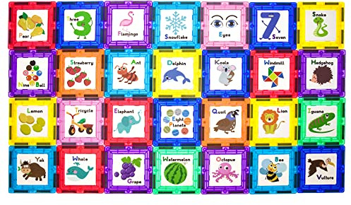 PicassoTiles Magnetic Building Blocks with Tiles and 28pcEducational Artwork Graphic Click-in Inserts Magnet Construction Toy Set STEM Learning Kit Playset Child Brain Development PT56