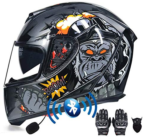 Casque Moto Bluetooth,Casques Intégral Moto avec Double Anti-buée Visière, Casque Intégraux Racing ECE Homologué avec Gants et Masque pour Femmes Hommes Adultes 55-64CM