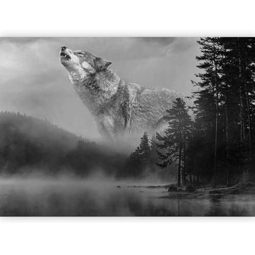 murando - Papier peint panoramique paysage 350x256 cm - Revêtement mural décoration chambre salon - Design moderne - Gris noir - Des arbres fantaisie lac paysage brouillard loups c-C-0475-a-a