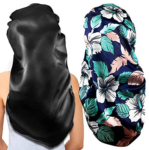 OUOOBEA 2Pcs Long Satin Hair Bonnets, Extra Large, Black + Green Pattern | Soft & Comfortable Elastic Band Bonnets for Women's Night Sleep, Long Satin Hair Bonnets for Long Hair