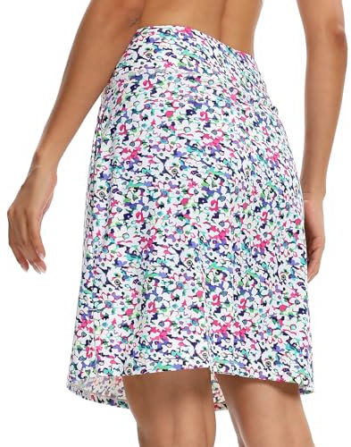M MOTEEPI Tennisrock Damen 20'' Knielang Rock Mit Hose Drunter Damen Hohe Taille Hosenrock Skort Skirt for Women Golfrock Sportrock Midi Rock Damen Sommer Mit Taschen Innenshorts Bunte Blumen L