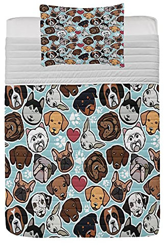 ABAKUHAUS Hundeliebhaber Mikrofaser Tagesdecken Set, Canine Rassen Liebe, weiches Bettwäscheset mit Kissenbezügen und Steppdecke, 170 cm x 220 cm, Hellblau Braun