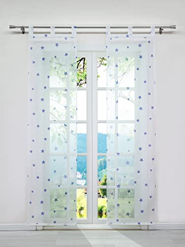 ESLIR Schiebegardinen Set 2er Flächenvorhänge Gardinen mit Schlaufen Schiebevorhang Transparent Schlaufenschal mit Sterne Muster Voile Modern Blau BxH 57x225cm 2 Stück