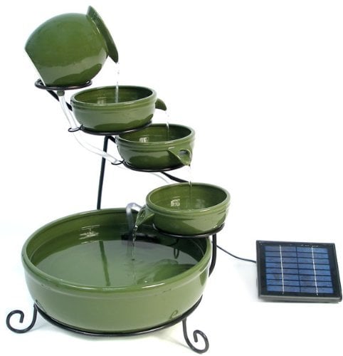 Primrose 55cm Green Solar Powered Ceramic Jug & Bowl Outdoor Water Feature with Battery Backup and LED Lights