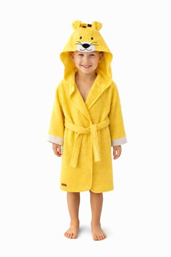 ELY PARKER Bademantel Kinder Frottee, Jungen, Handtuch aus Türkische Baumwolle, mit Kapuze, Löwe, Gelb (11-12 Jahre) Superweich, Saugfähig, Bequem, Dick