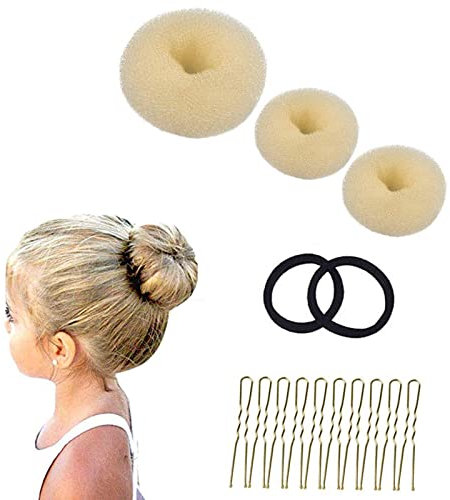 3 Stück Donut Hair Bun Maker Set mit 2 elastischen Haarband, 10 U-Form Haarspange Haarnadel, Duttkissen, Dutt Maker für Kinder Mädchen Frauen (beige)