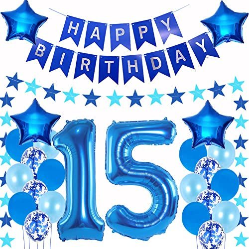 Luftballons 15. geburtstag junge deko blau,Geburtstagsdeko 15 jahre junge,Folienballon 15 Geburtstag Dekoration ,deko 15. Geburtstag Deko blau,geburtstags banner 15 deko