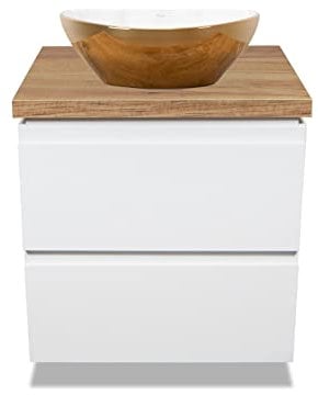 VBChome Badmöbel 50 cm Weiß Aufsatzwaschbecken Gold-Weiß 42x34 cm Aufsatzwaschtisch mit Waschbeckenunterschrank 2 Schubladen Moduo Badezimmerschrank