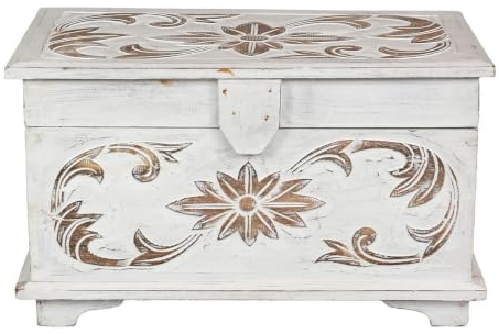 Oriental Galerie Truhe Holzkiste Holztruhe Schatztruhe Kiste Box Palmenholz Holzbox Blumen Schnitzereien Shabby Used Look Weiß Groß 60 cm Design 2