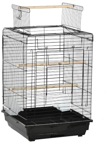 PawHut Vogelkäfig 59cm Klappdeckel Sittich&Sonnensittich Schwarz | Papageienkäfig, Nymphensittichkäfig, Schale, Griffe, Futternäpfe