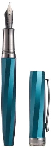 Hongdian N11 Fountain Pen, Titanium-Coated Black Fine Soft Nib, Peacock Blue & Twill Geometric Design with Metal Case Set