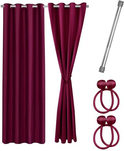 Praktisches Set ohne Bohren: 2x Vorhang + 1x Klemmstange silber 111-200 cm + 2x Raffhalter mit Magnet blickdicht & verdunkelnd, als Raumteiler, Fenster & Tür Rot Bordeaux Thermovorhang 240x135cm